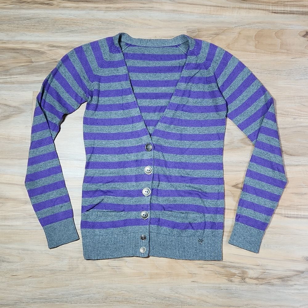 💚TNA Purple & Gray Stripe Long Sleeve Wool Blend Sweater w/Pockets Small